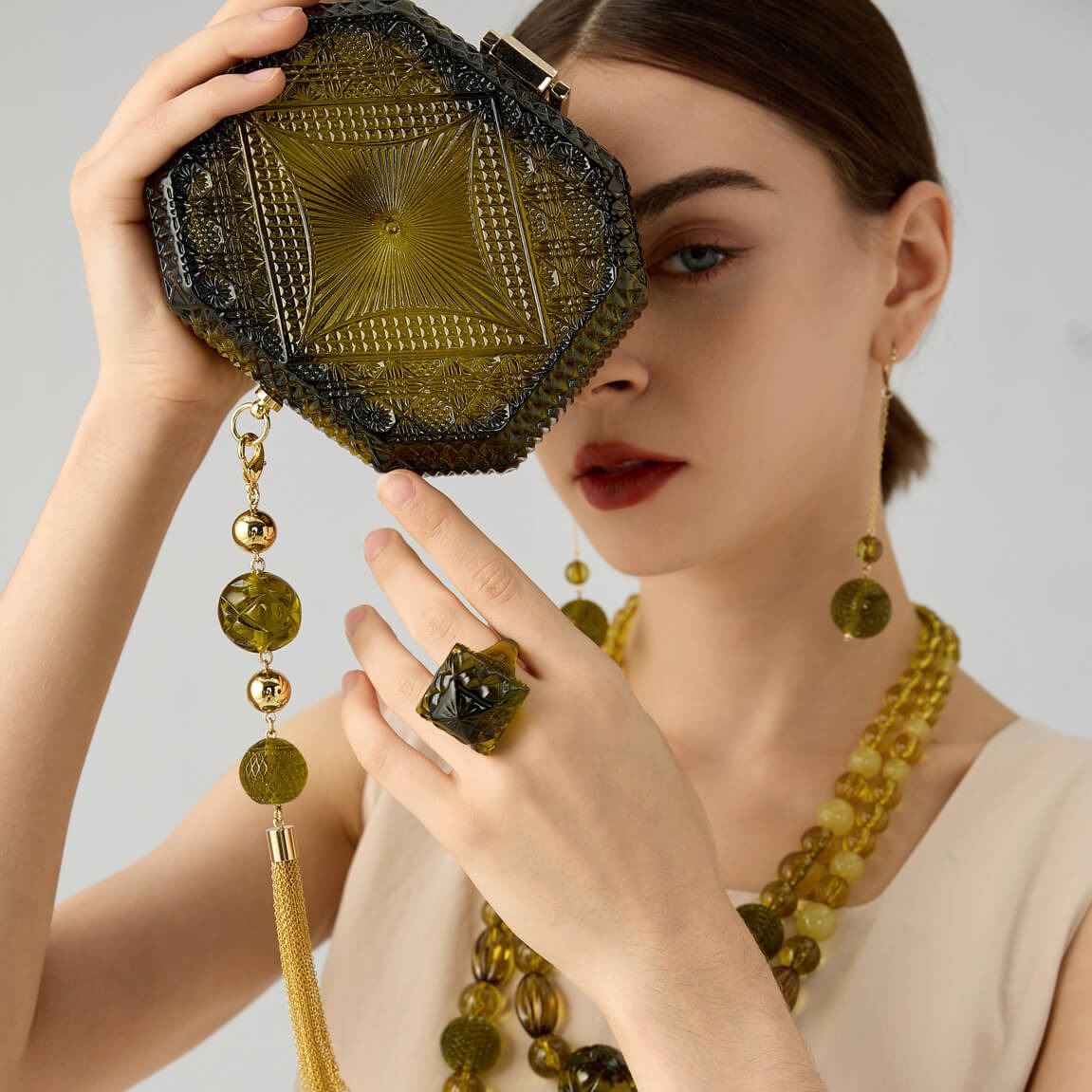 Hand Carved Octagon Clutch Olive