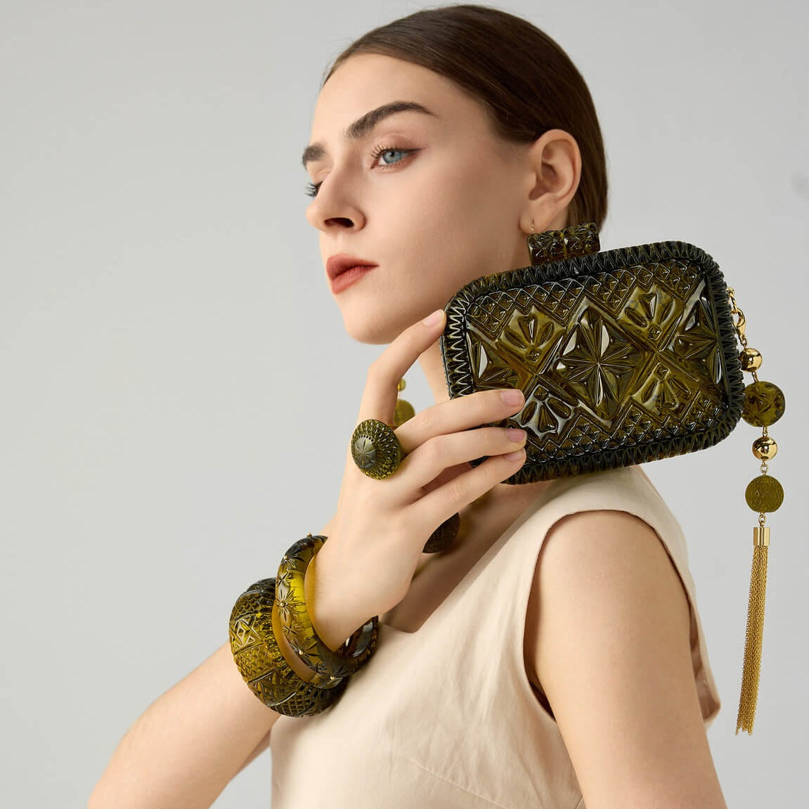 Hand Carved Clutch Olive