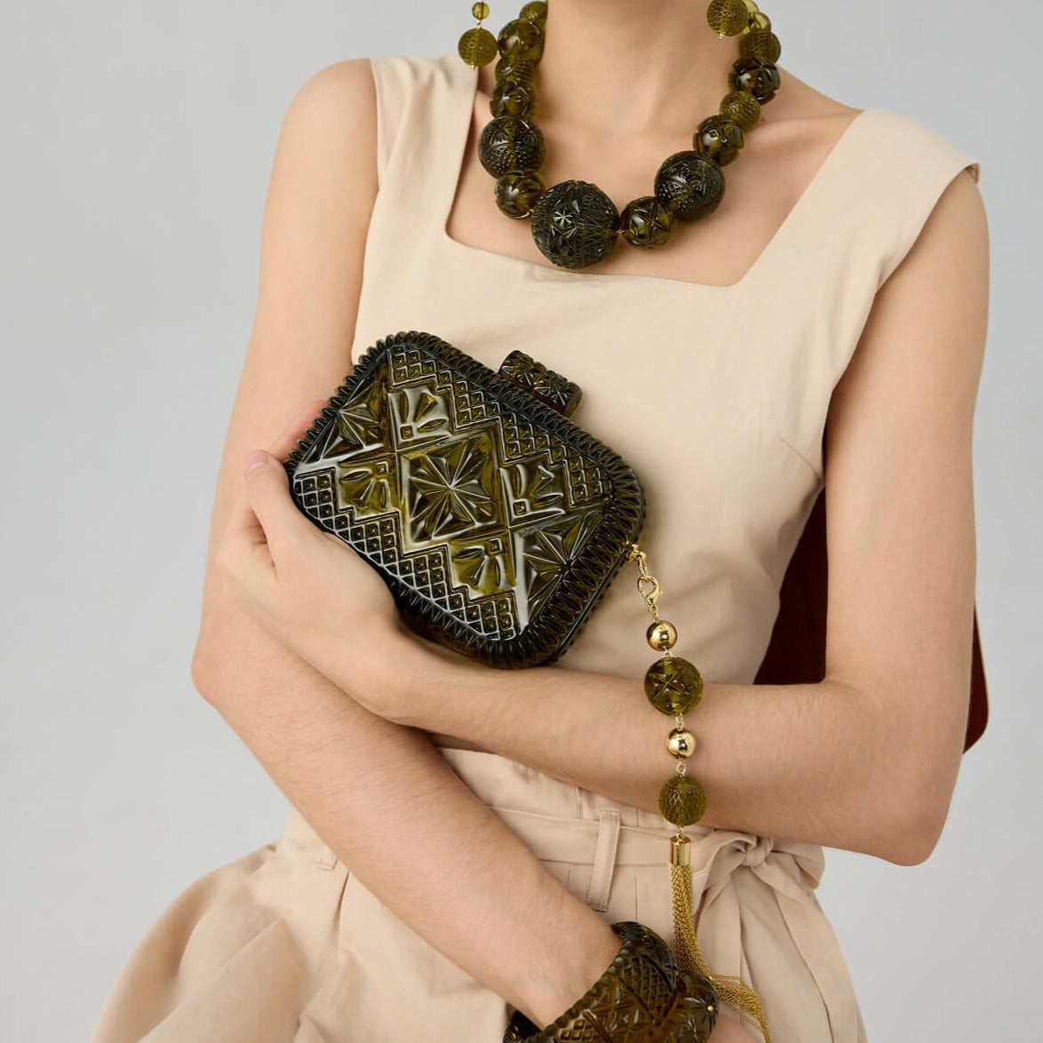 Hand Carved Clutch Olive