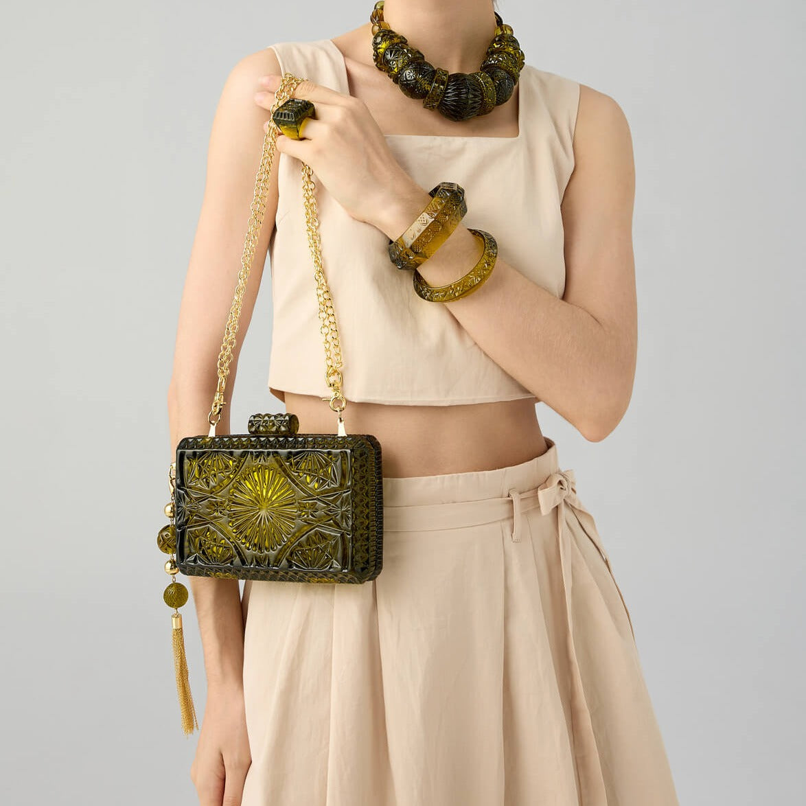 Hand Carved Rectangle Clutch Olive