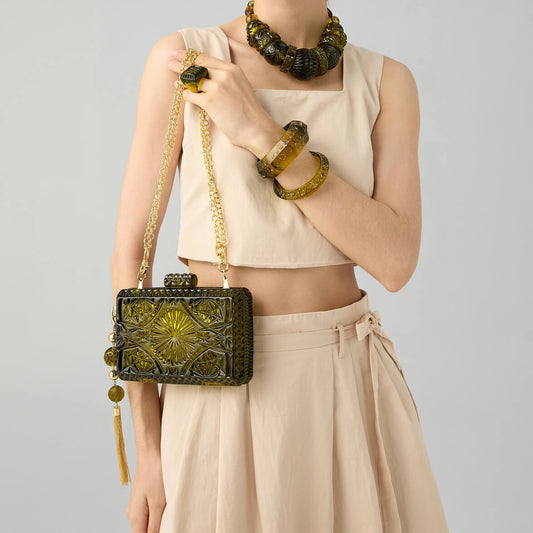 Hand Carved Rectangle Clutch Olive