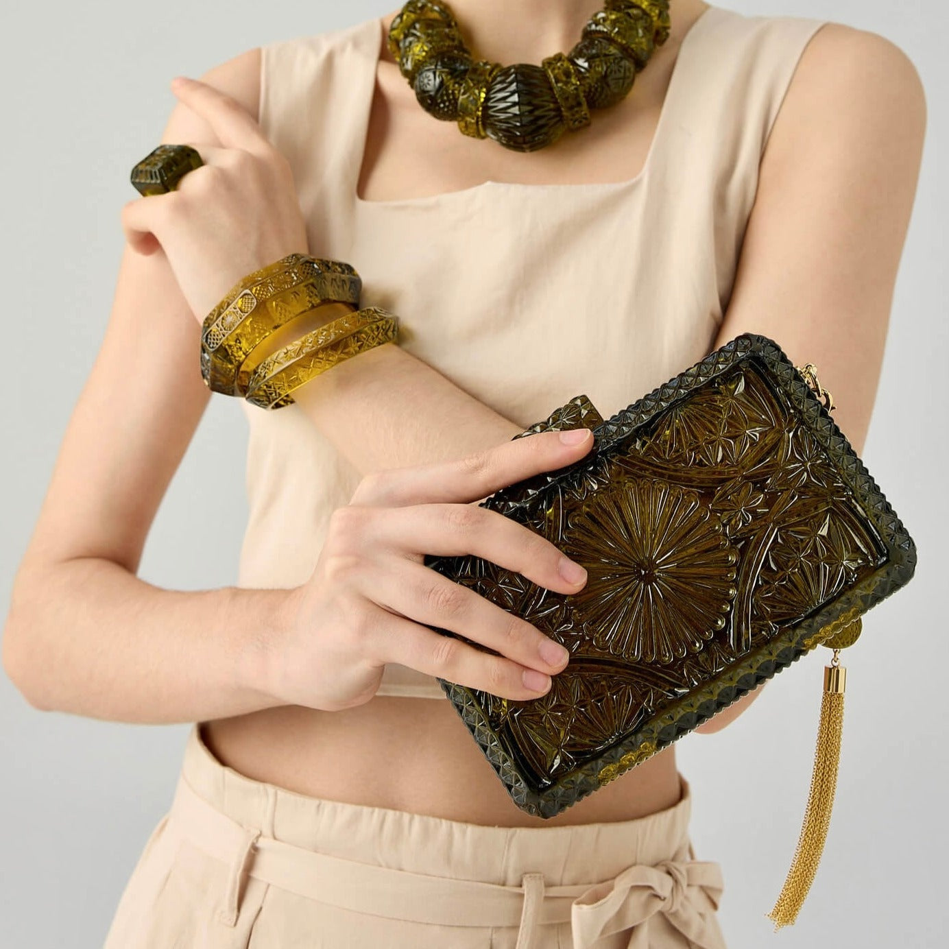 Hand Carved Rectangle Clutch Olive