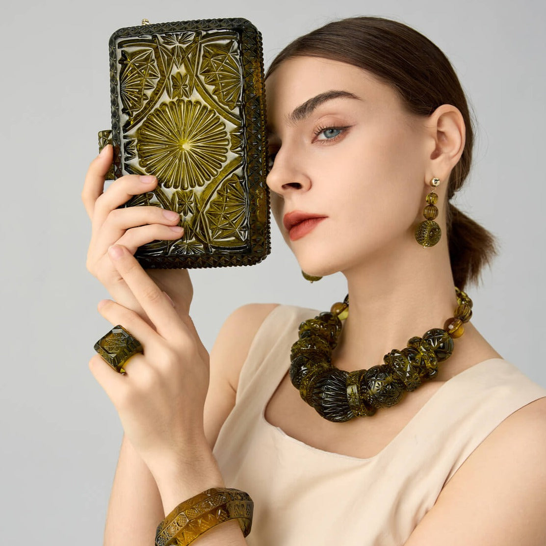 Hand Carved Rectangle Clutch Olive