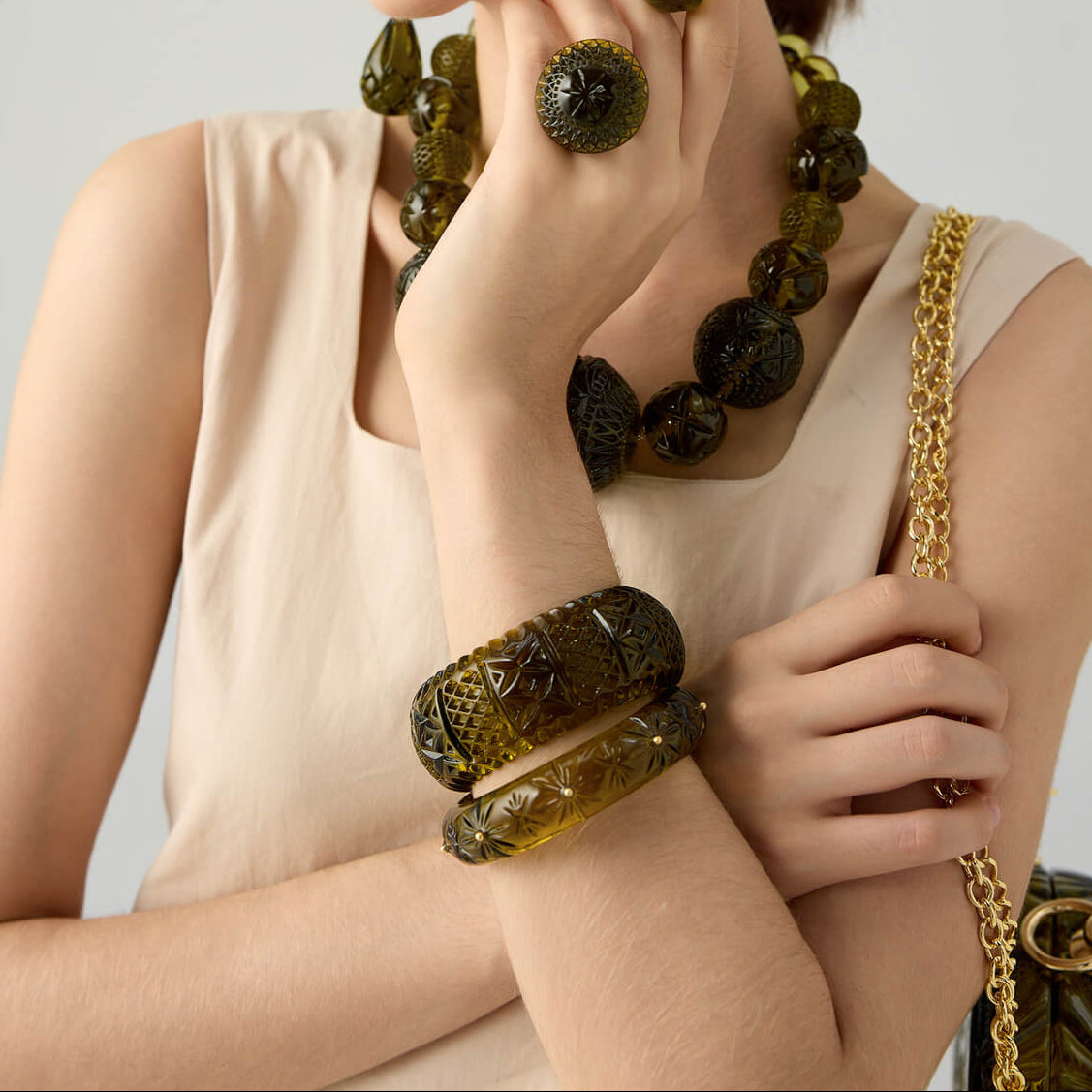 Studded Crystal Bangle Olive