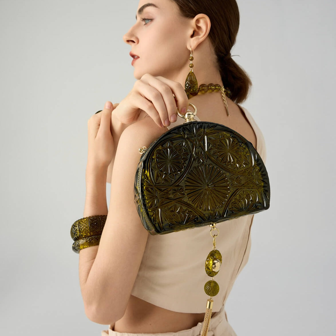 Hand Carved Fan Clutch Olive