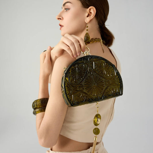 Hand Carved Fan Clutch Olive