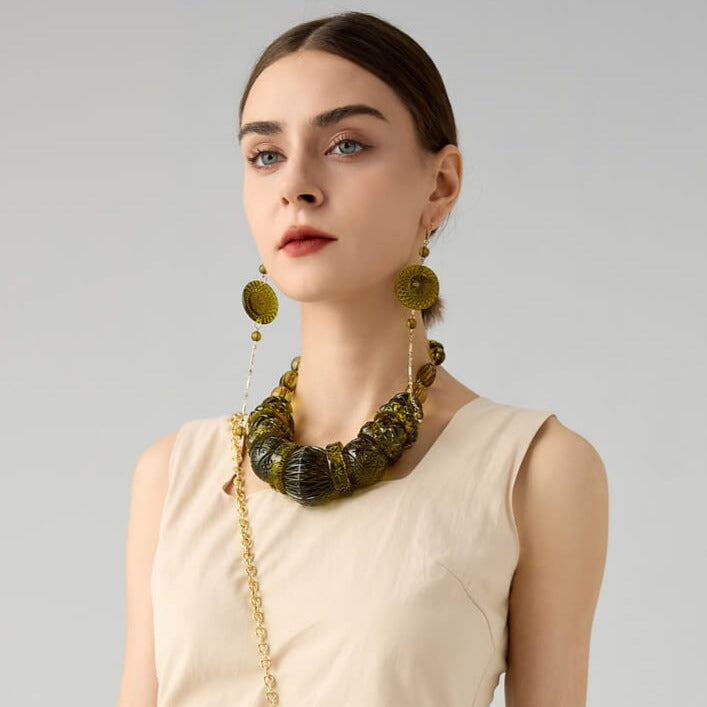 Long String Disc Earrings Olive