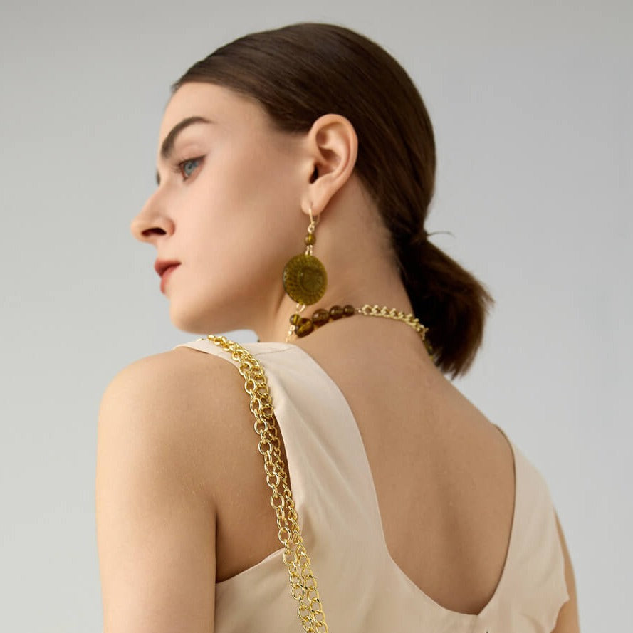 Long String Disc Earrings Olive