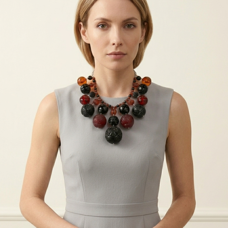 Etched Bib Necklace Black & Amber