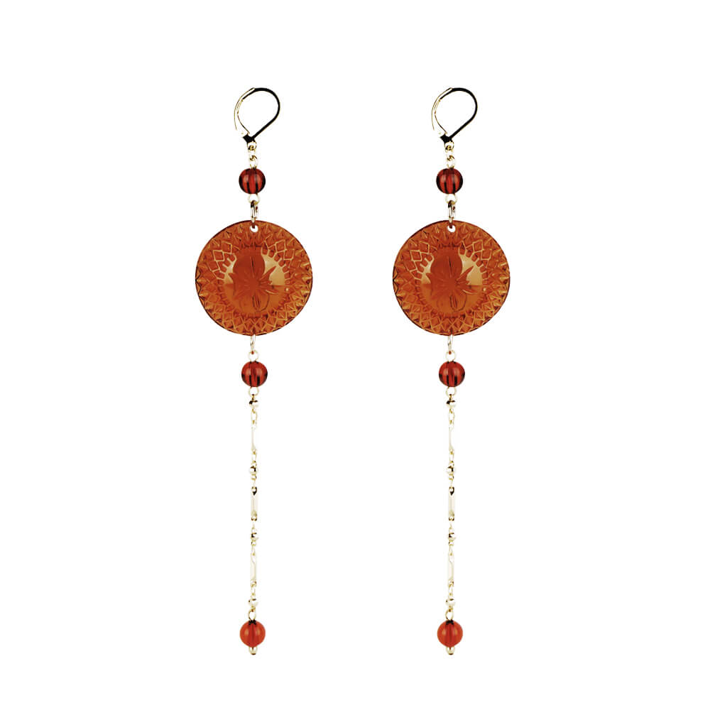Long String Disc Earrings Amber