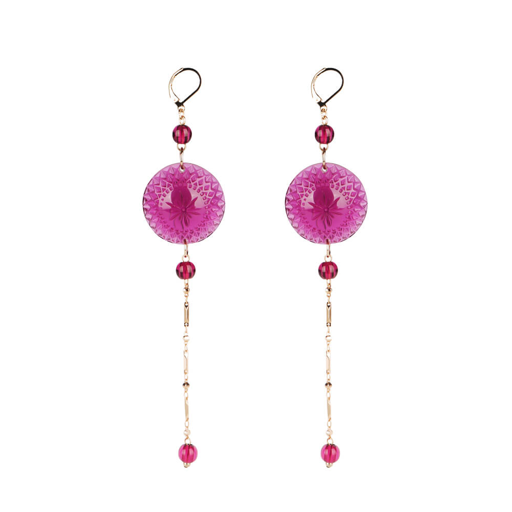 Long String Disc Earrings Deep Purple