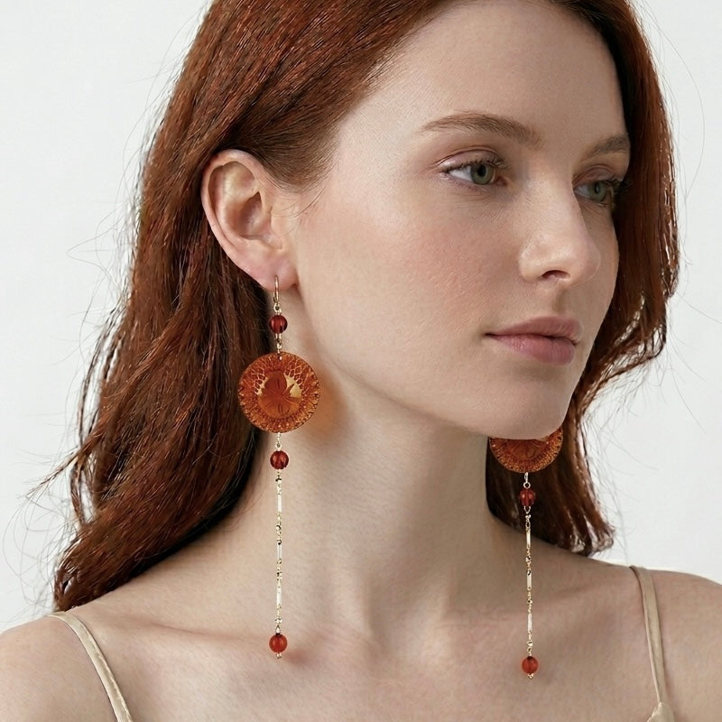 Long String Disc Earrings Amber