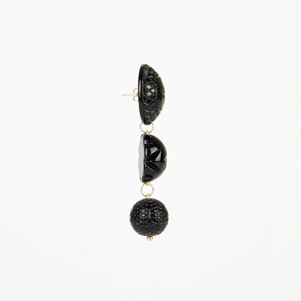 Hand Carved Drip Disc Earrings Black