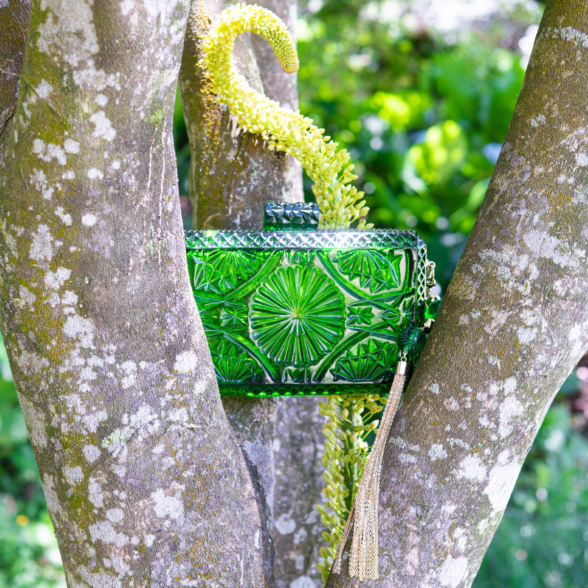 Hand Carved Rectangle Clutch Emerald Green