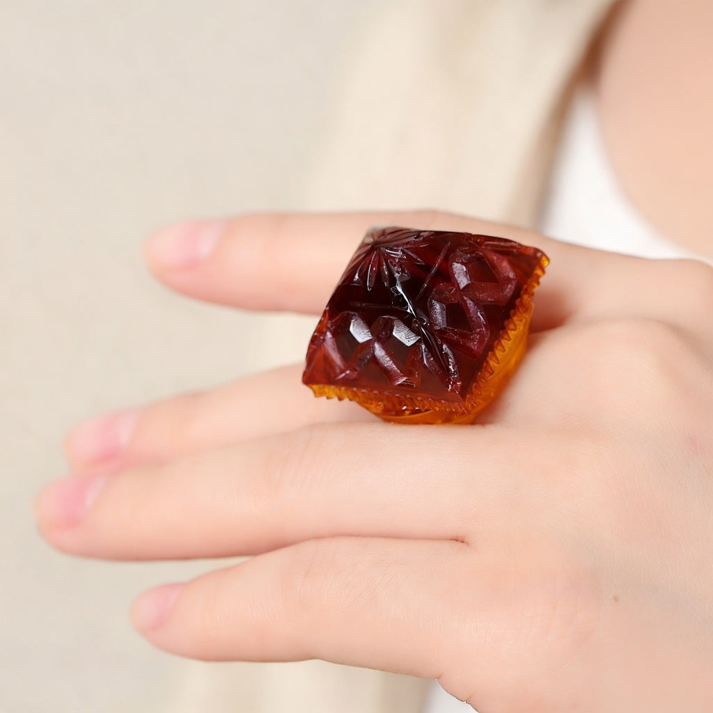 Carved Square Ring Amber