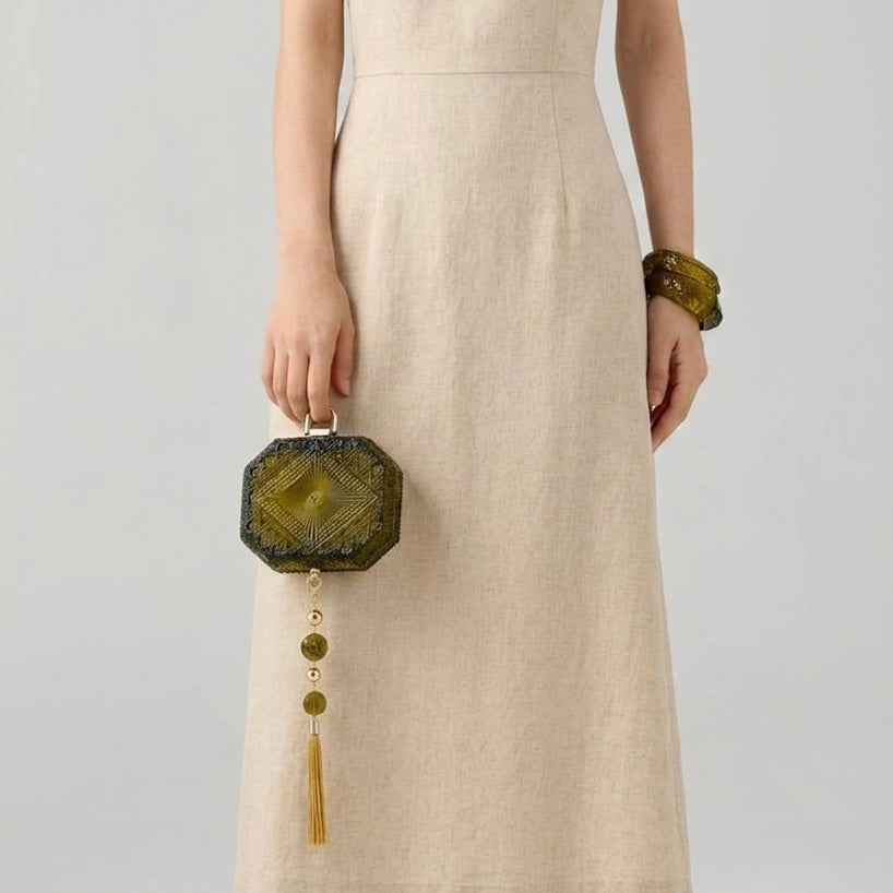 Hand Carved Octagon Clutch Olive