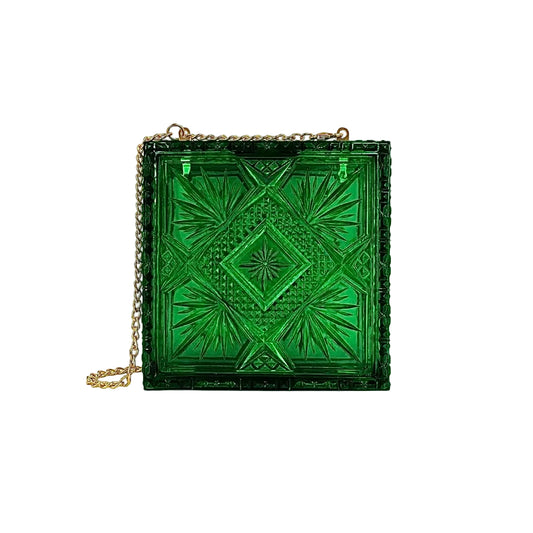 A square green glass clutch bag with an embossed geometric starburst pattern and a gold-tone chain strap, shown against a plain white background.