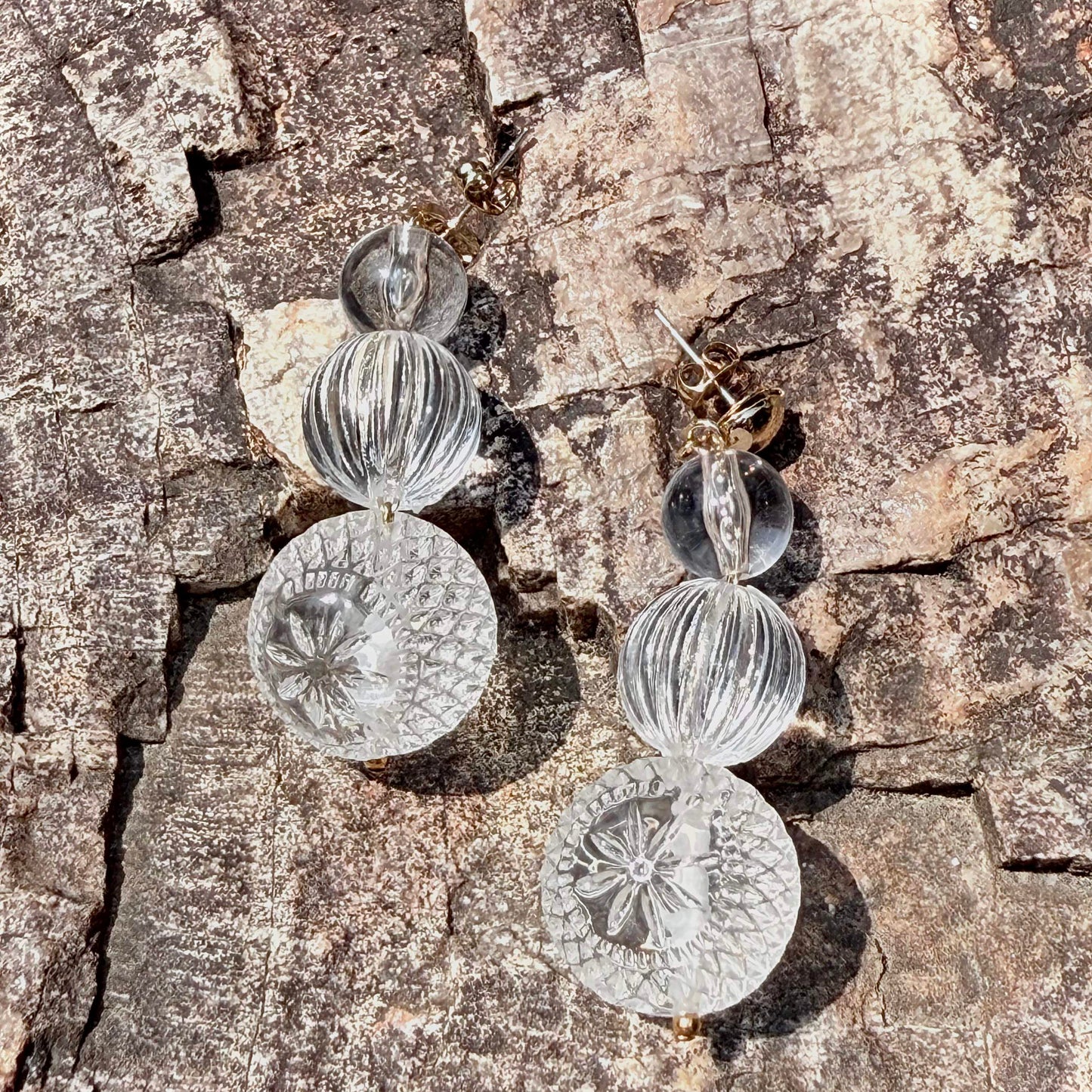 Triple Ball Stud Earrings Vintage Clear