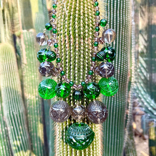 Etched Bib Necklace Emerald Green & Grey