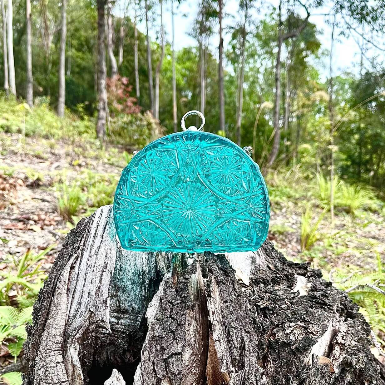 Hand Carved Fan Clutch Aqua