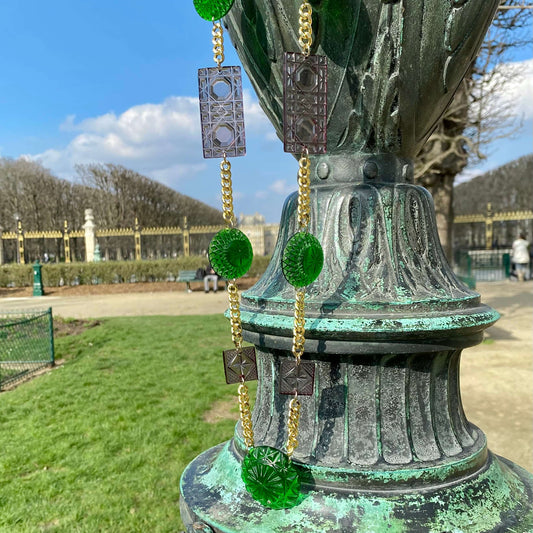 Extra Long Square & Disc Necklace Emerald Green & Grey