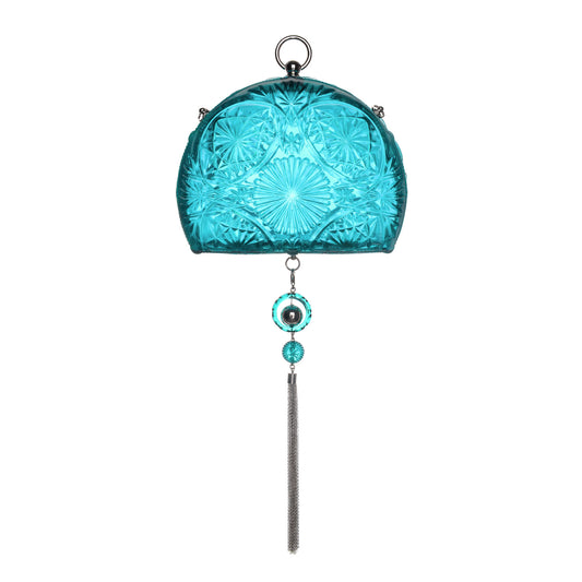 Hand Carved Fan Clutch Aqua