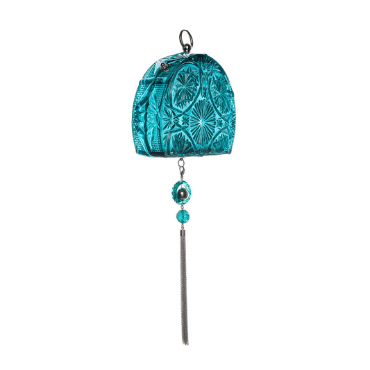 Hand Carved Fan Clutch Aqua