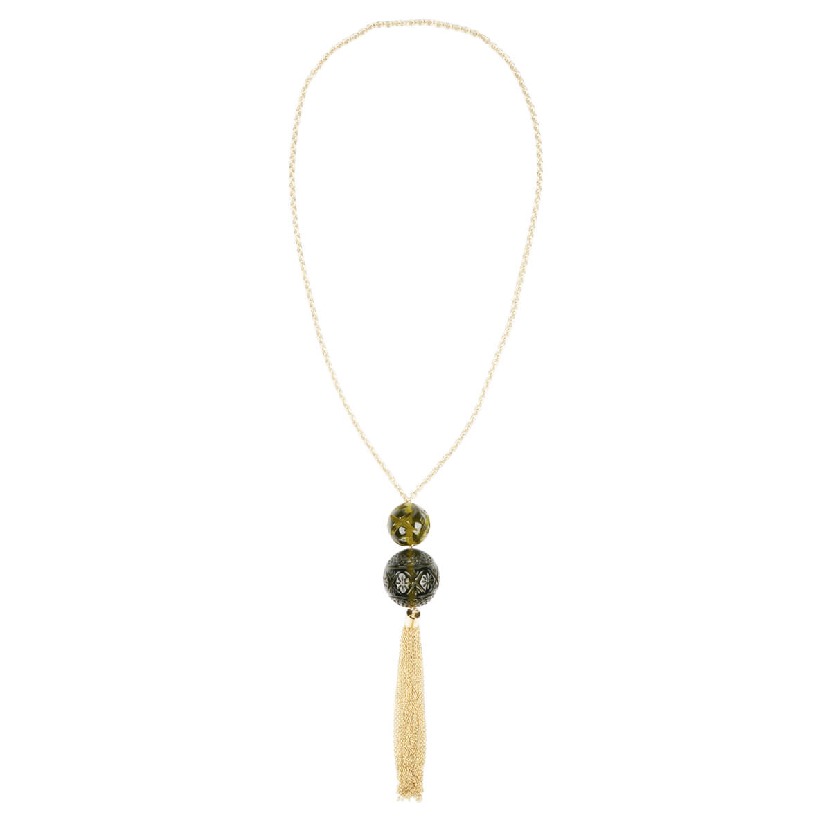 Dual Ball Long Tassel Necklace Olive