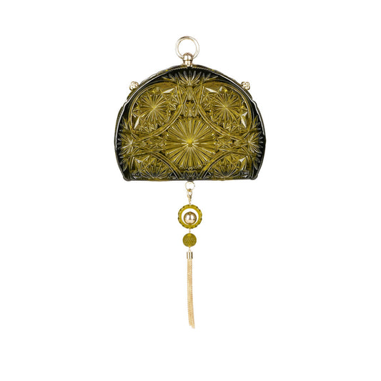 Hand Carved Fan Clutch Olive
