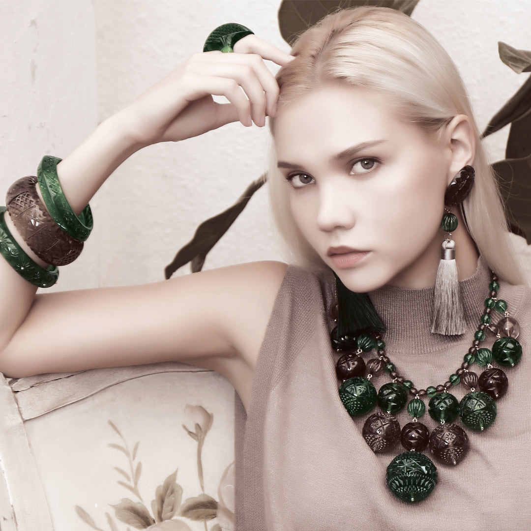 Etched Bib Necklace Emerald Green & Grey