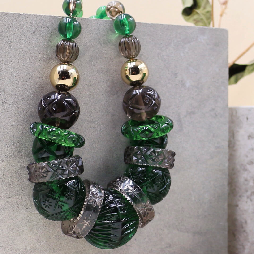 Statement Collar Necklace Emerald Green & Grey