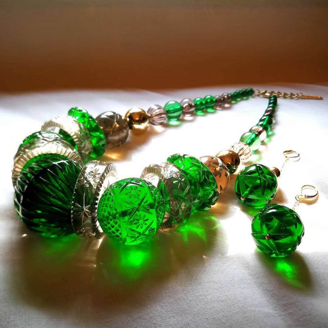 Statement Collar Necklace Emerald Green & Grey