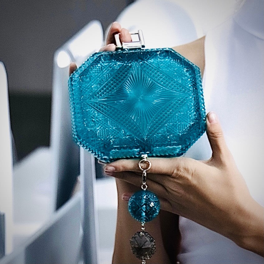 Hand Carved Octagon Clutch Aqua