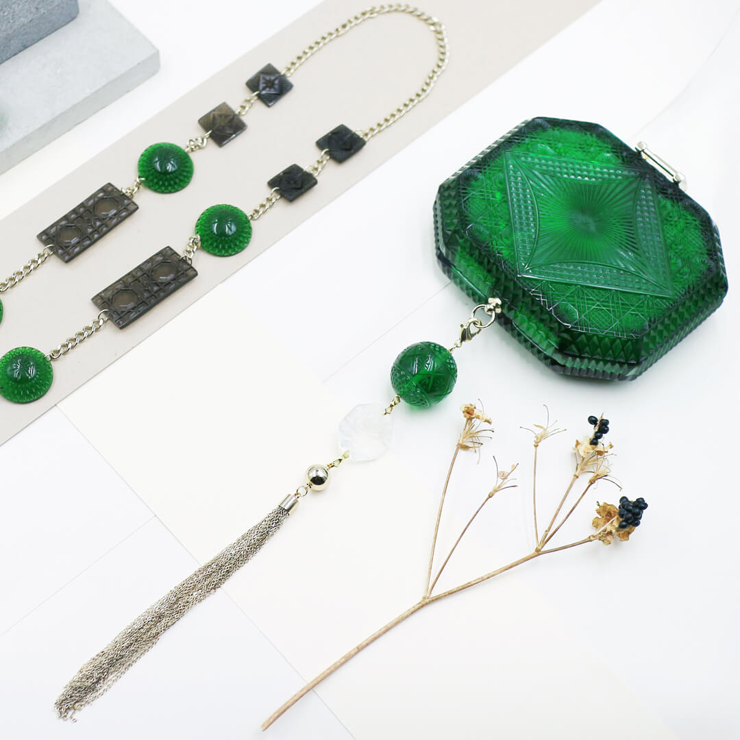 Hand Carved Octagon Clutch Emerald Green