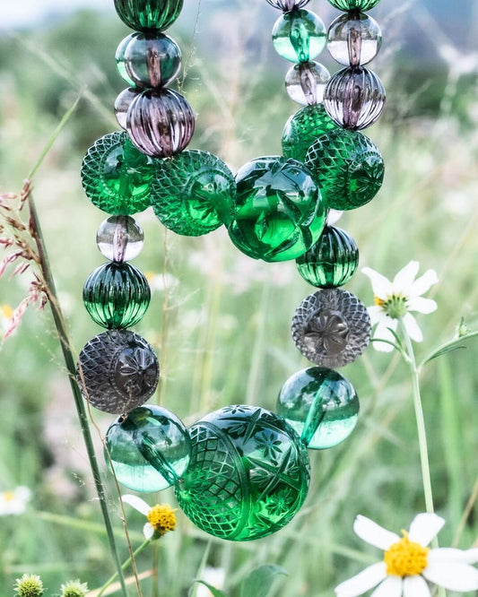 Beaded Layer Necklace Emerald Green & Grey