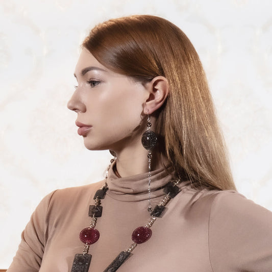 Long String Disc Earrings Dark Grey