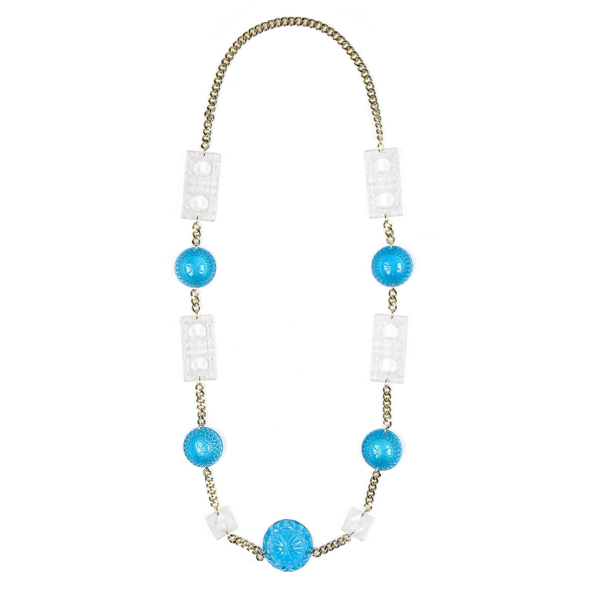 Extra Long Square & Disc Necklace Aqua & Clear