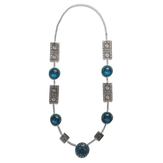 Extra Long Square & Disc Necklace Classic Blue & Grey