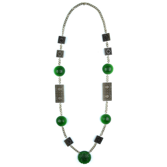 Extra Long Square & Disc Necklace Emerald Green & Grey