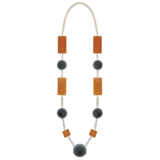 Extra Long Square & Disc Necklace Amber & Black