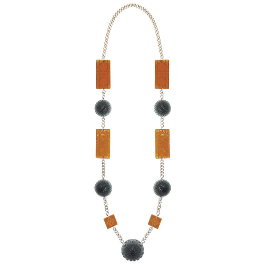 Extra Long Square & Disc Necklace Amber & Black