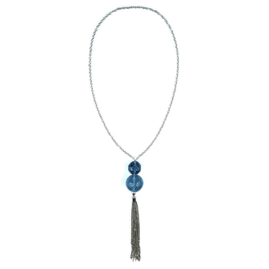 Dual Ball Long Tassel Necklace Classic Blue