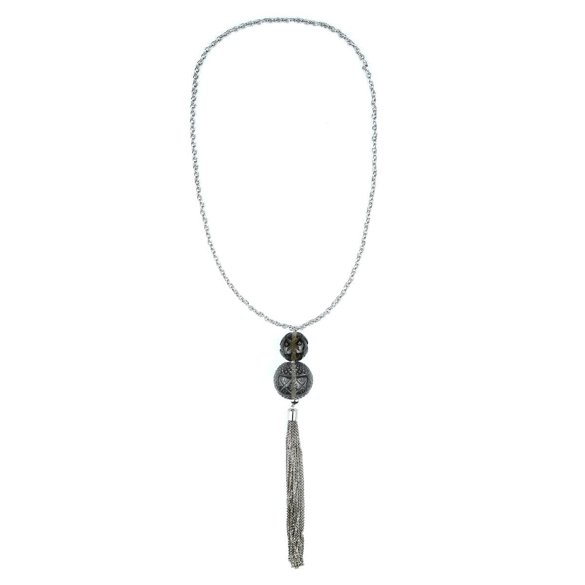 Dual Ball Long Tassel Necklace Dark Grey