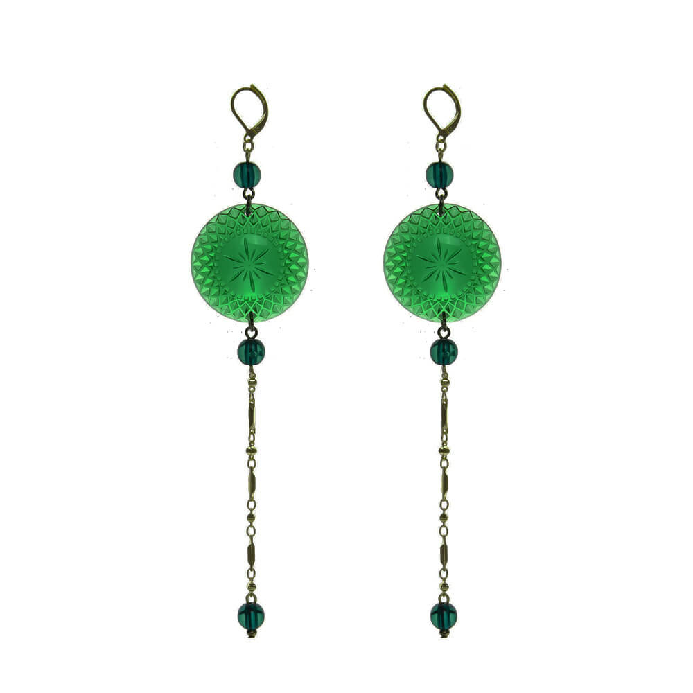 Long String Disc Earrings Emerald Green