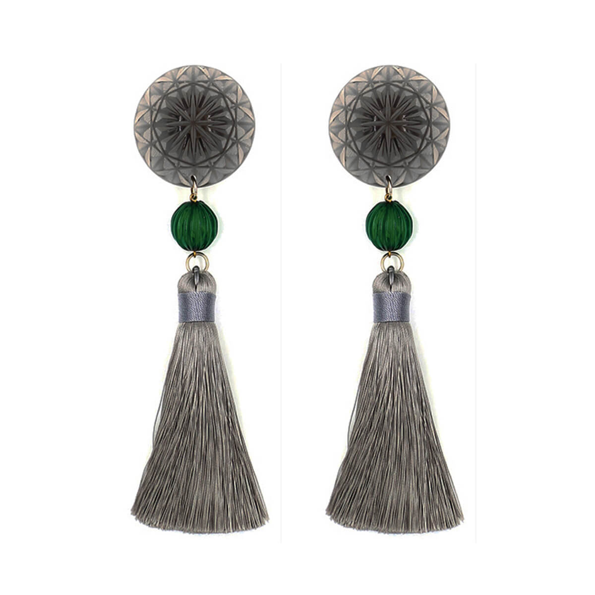 Large Disc Tassel Stud Earrings Dark Grey