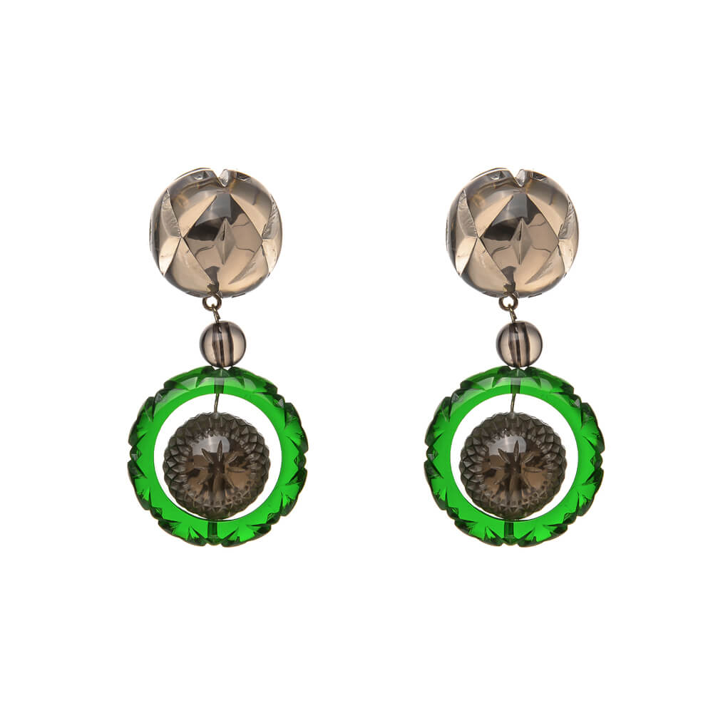 Frosted Ball & Circle Stud Earrings Green & Grey