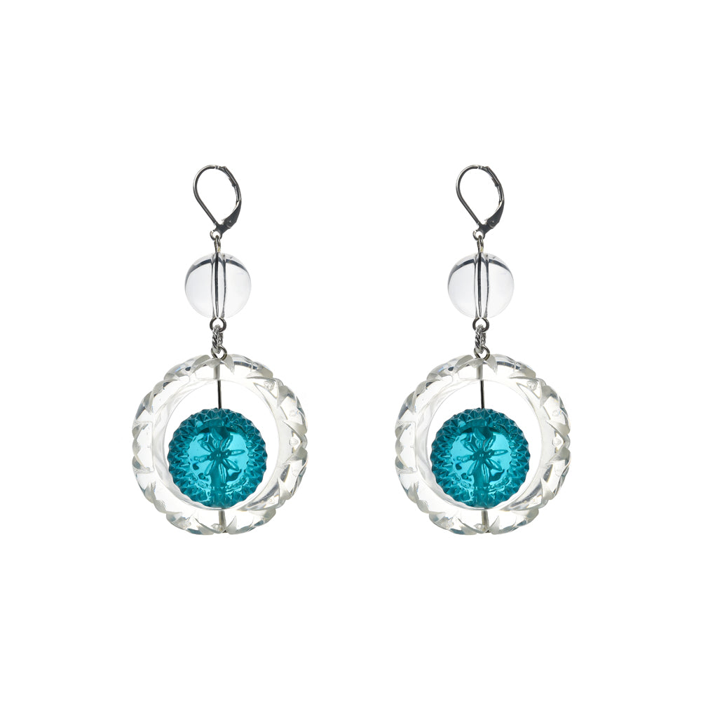 Frosted Ball Circle Earrings Aqua & Clear