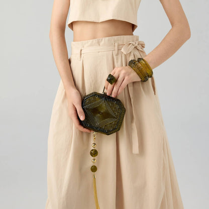 Hand Carved Octagon Clutch Olive