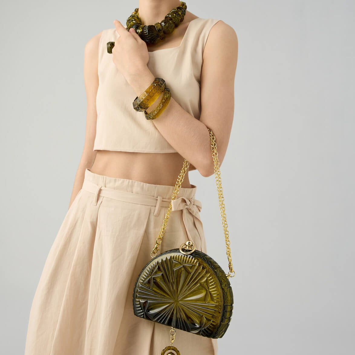 NEW IN Sunburst Fan Clutch Olive