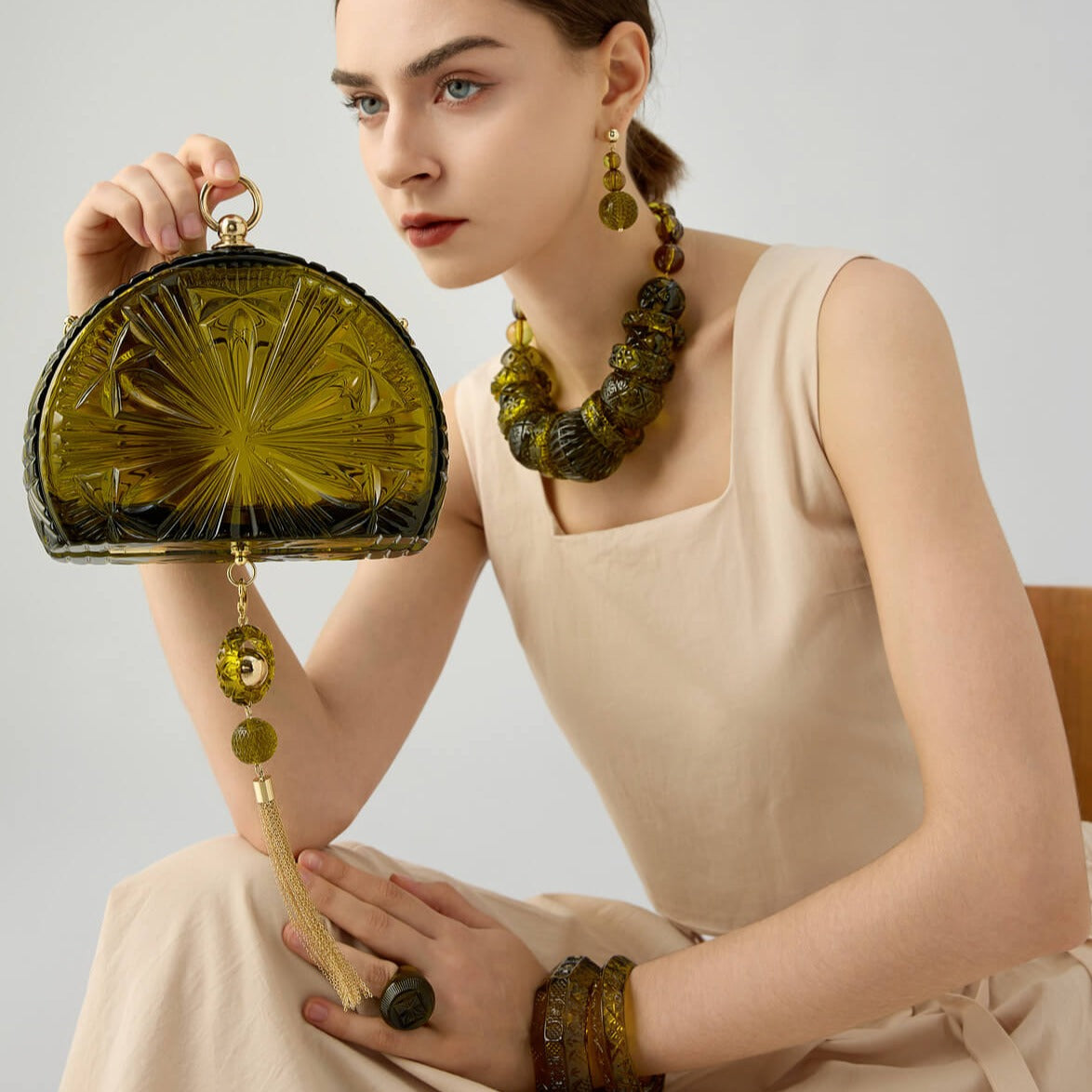 NEW IN Sunburst Fan Clutch Olive